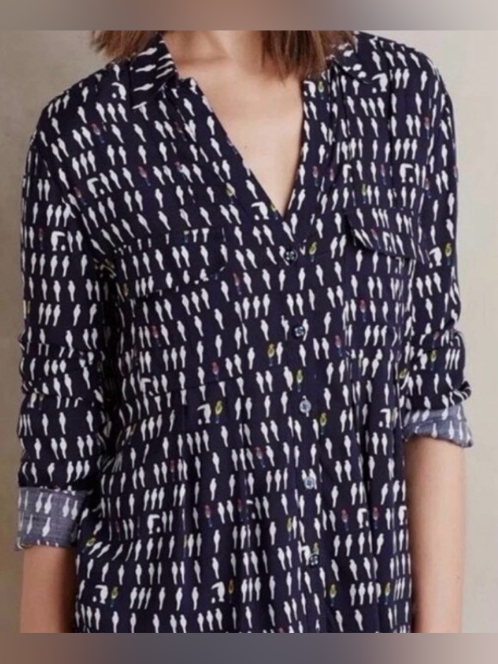 ANTHROPOLOGIE Maeve Wynwood Parrot Bird Blouse 6 19” p2p Navy $98 Retail NWOT